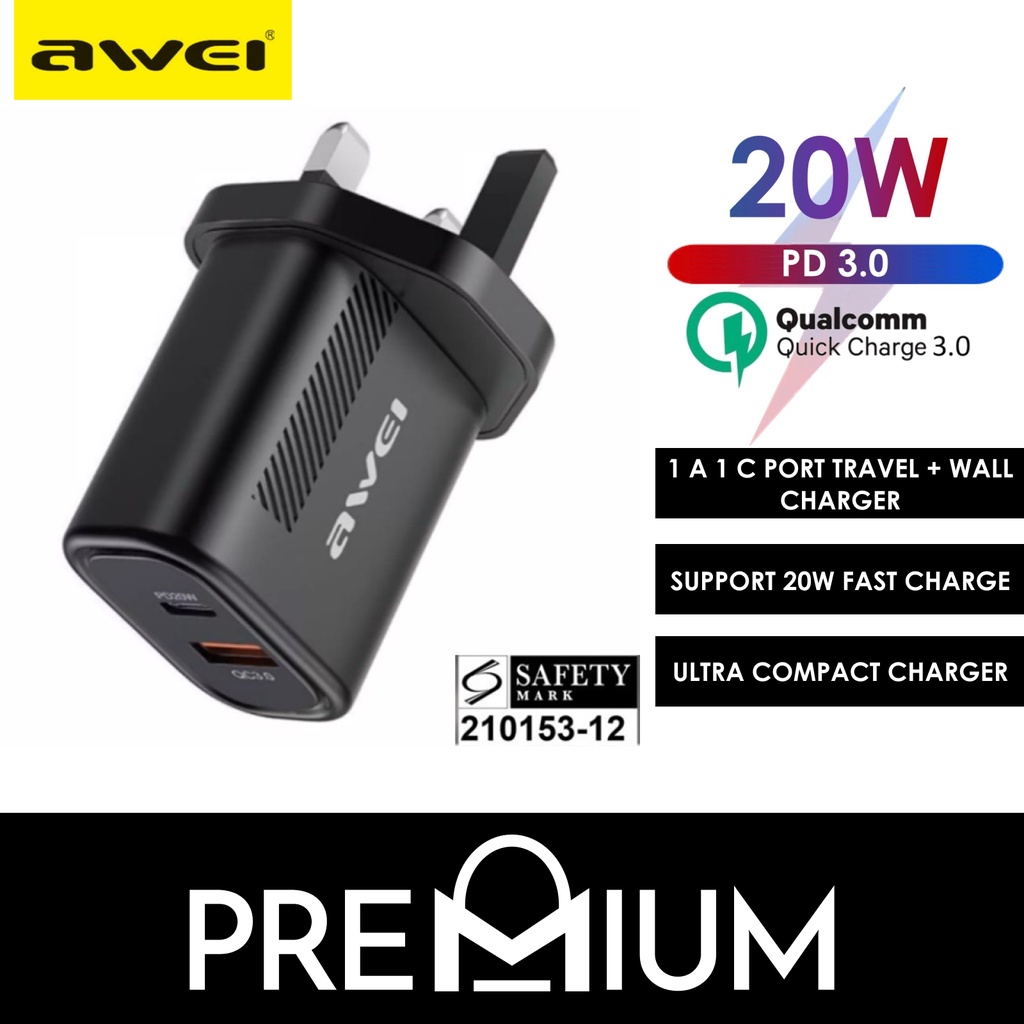 1 A 1 C Port TRAVEL QC 3.0+PD 20W Wall Charger - C-851 - Awei - Black
