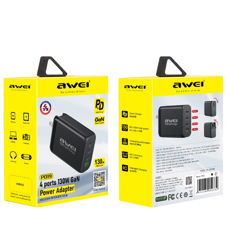 4 Ports 130W Gan Power Adapter - PD19 - Awei - Black