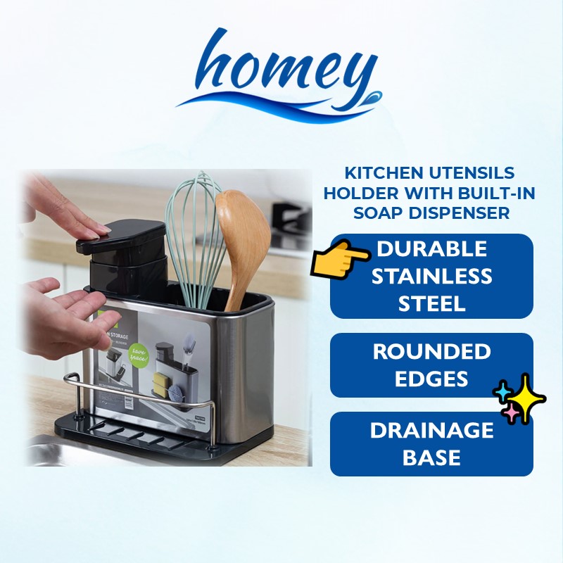Kitchen Utensils Holder With Soap Dispenser - Homey - Silver