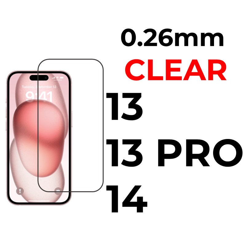 iPhone 13 or 13 Pro or 14 - 6.1 in Tempered Glass  - 0.26mm - OEM - Clear