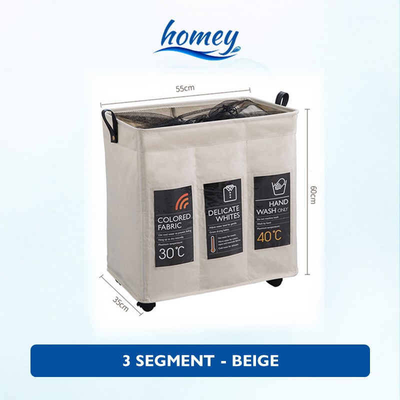 Laundry Basket With Wheels and Label - OEM - 3 Segments - Beige
