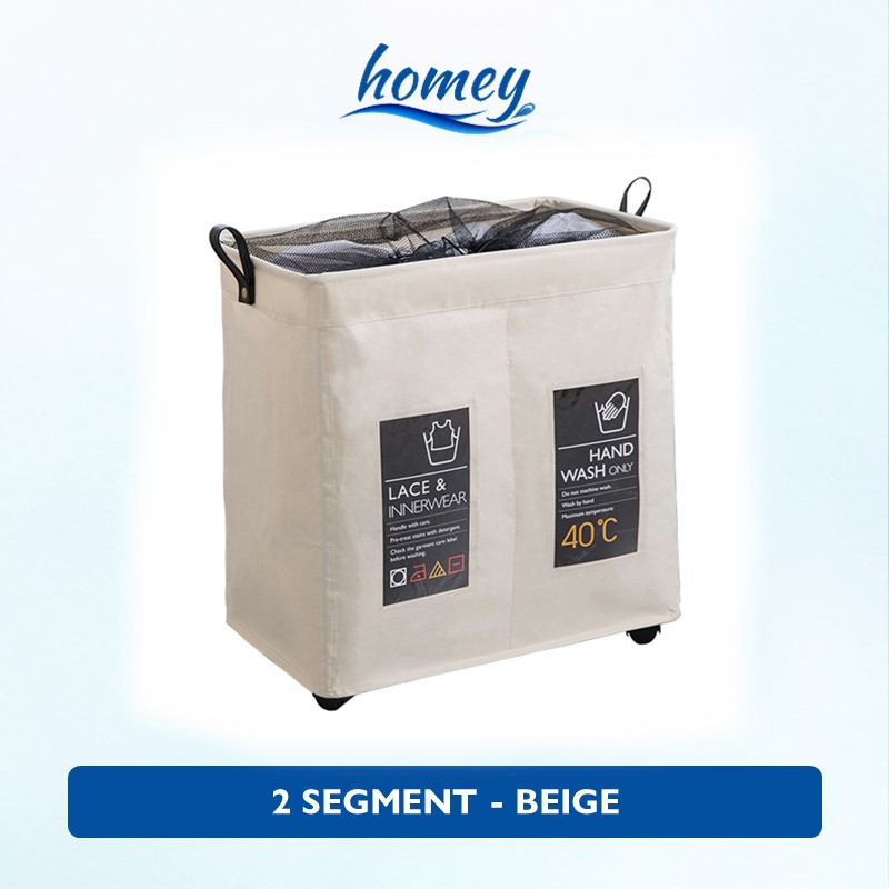 Laundry Basket With Wheels and Label - OEM - 2 Segment - Beige