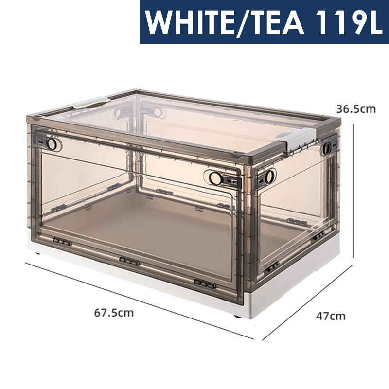 Transparent Foldable Storage Box with Side Door Opening and Wheels - Four Doors - OEM - 119L - White or Grey