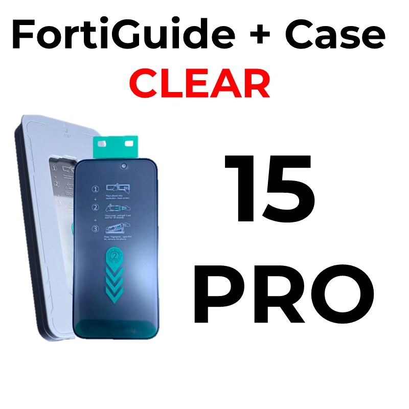 iPhone 15 Pro 6.1 in - Case + FortiGuide Tempered Glass Screen Protector - MTech - Clear - Grey