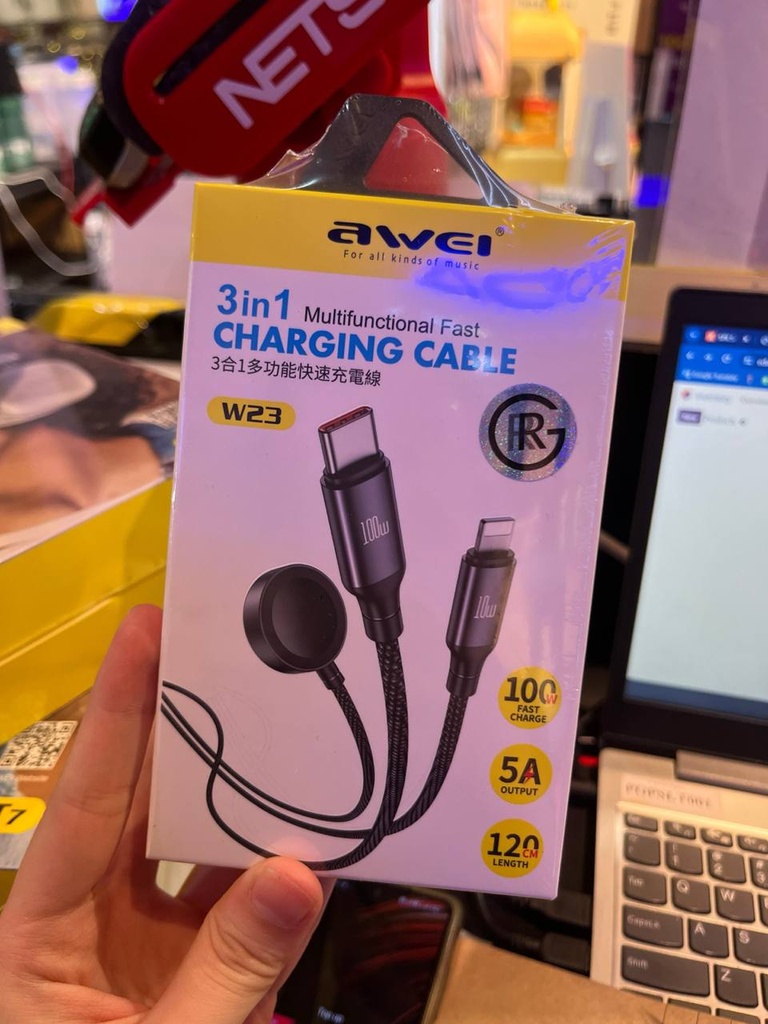 W23 - 3 in 1 Charging Cable - Awei - 1.2M - Black