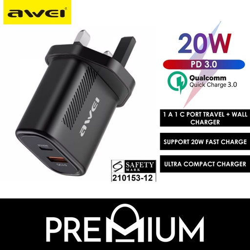 [AWE021XXXXXXXBLK] 1 A 1 C Port TRAVEL QC 3.0+PD 20W Wall Charger - C-851 - Awei - Black