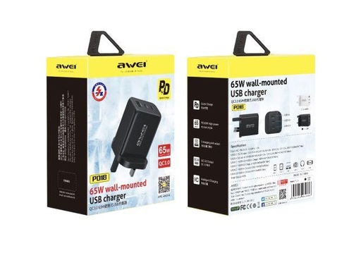[AWE022XXXXXXXBLK] [EOL][DSC] GaN 65W 2 PD + 1 USB Wall Charger - PD18 - Awei - Black