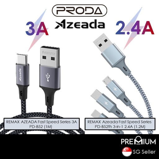 [AZD005196L11XBLK] [EOL][DSC] USB to iOS + Type C + Micro Fast Speed Series 3 In 1 Data Cable - PD-B52th - Azeada - 1.2M - Black