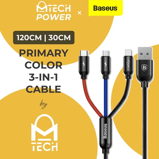 [BAS004196L37XBLK] USB to iOS + Type C + Micro Three Primary Colors 3 in 1 Cable - CAMLT - Baseus - 30cm - Black