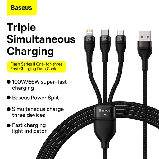[BAS290196L11XBLK] USB to M + L + C Flash Series II 100W One-for-three Fast Charging Data Cable - Baseus - 1.2M - Black