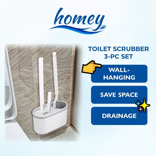 [HMY027XXXXXXXBLU] Toilet Scrubber 3 pcs Set - Brush, Silicon-Tipped Scrubber and Toilet Scrubber - Homey - Blue