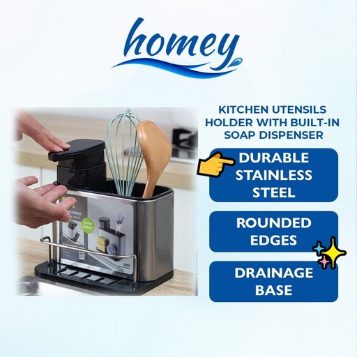 [HMY053XXXXXXXSVR] Kitchen Utensils Holder With Soap Dispenser - Homey - Silver