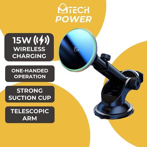 [MTC006XXXXXXXBLK] ( 2PC Set, Air Vent + Long Neck ) 15w Crystal Series Magnetic Wireless Car Mount - F-089 - MTech - Black