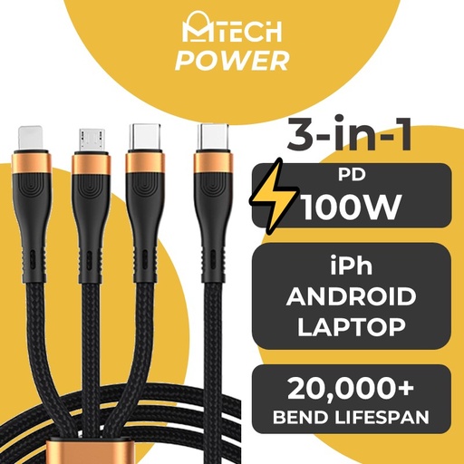 [MTC900671L200223] Type C to iOS + Type C + Micro SilkyFast Cable - MTech - 1.5M - Black Gold