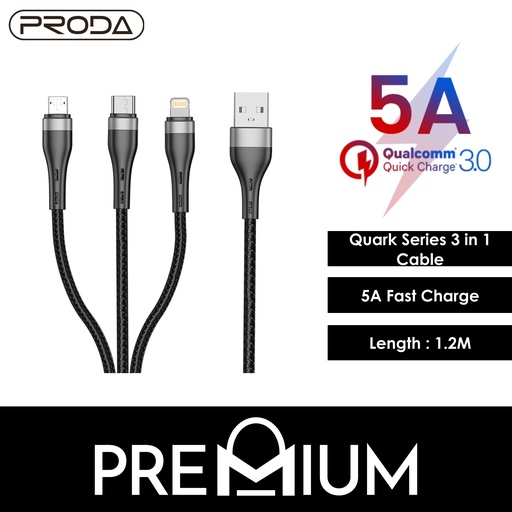 [PDA174202L11XBLK] [EOL][DSC] Quark Series 3 in 1 Cable - PD-B48th - Proda - 1.2M - Black