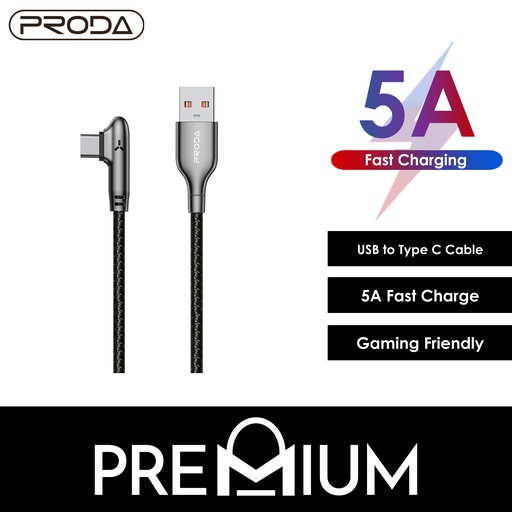 [PDA182367L10XBLK] USB to Type C Choker 5A Data Cable - PD-B62a - Proda - 1M - Black
