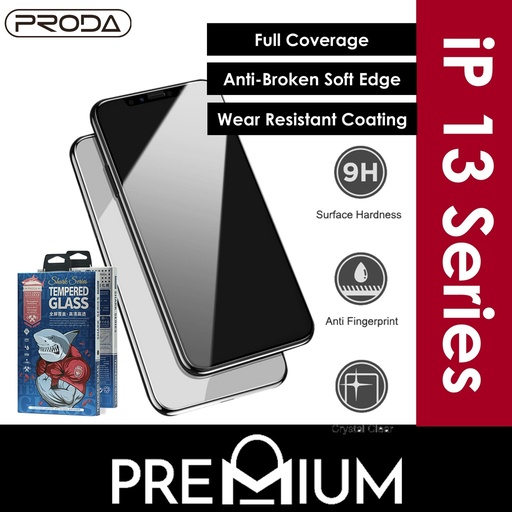 [PDA185551T02XBLK] [DSC] iPhone 13 or 13 Pro or 14 - 6.1 in Shark Series Tempered Glass - PT-015 - Proda - Clear - Black