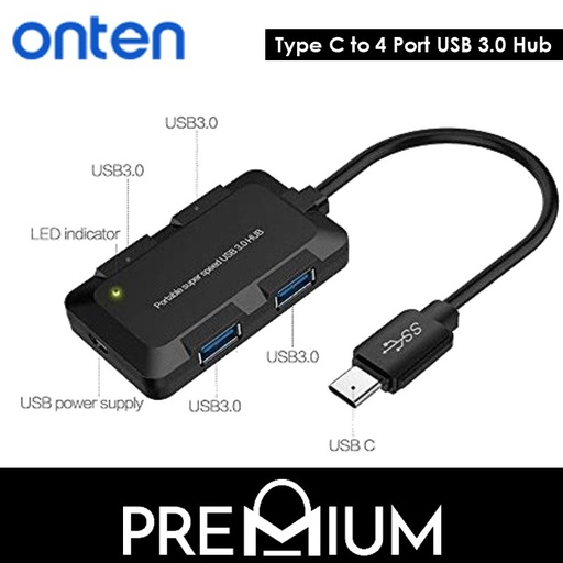 [TEN011XXXXXXXBLK] Type C to 4 Port USB 3.0 Hub - OTN-U9102B - Onten - Black