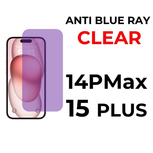 [XXX069668T07XBLK] iPhone 14 Pro Max or 15 Plus - 6.7 in Full Coverage - OEM - Anti Blue Ray and Clear - Black