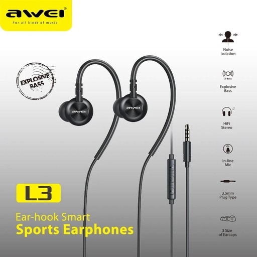[AWE039XXXXXXXBLK] [EOL][DSC] Ear Hook Smart Sports Earphones L3 - Awei - Black
