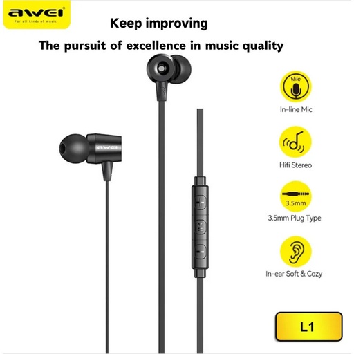 [AWE040XXXXXXXBLK] Super Bass Sports Wired Earphones L1 - Awei - Black