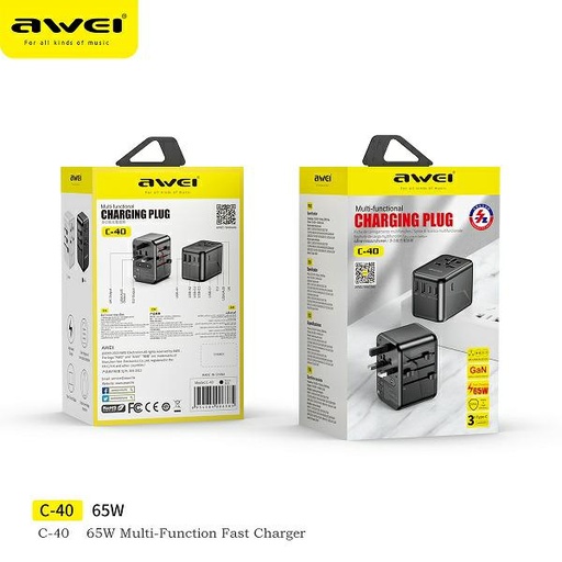 [AWE047XXXXXXXBLK] 65W C-40 Universal Travel Adapter - Awei - Black