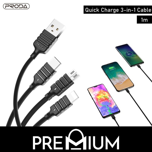 [PDA104196L10XWHT] USB to iOS + Type C + Micro Quick Speed Series 3 in 1 Data Cable - PD-B32th Proda - 1M - White