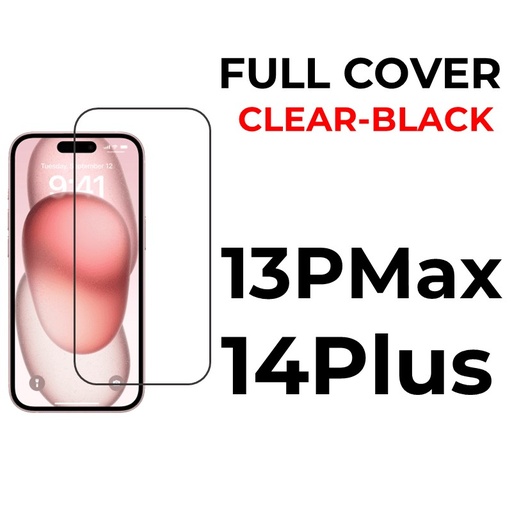[XXX593550T02XBLK] iPhone 13 Pro Max or 14 Plus- 6.7 in Tempered Glass Full Coverage - OEM - Clear - Black