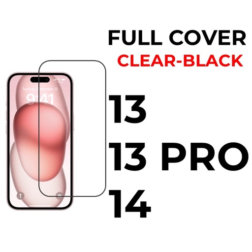 [XXX593551T02XBLK] iPhone 13 or 13 Pro or 14 - 6.1 in Tempered Glass Full Coverage - OEM - Clear - Black
