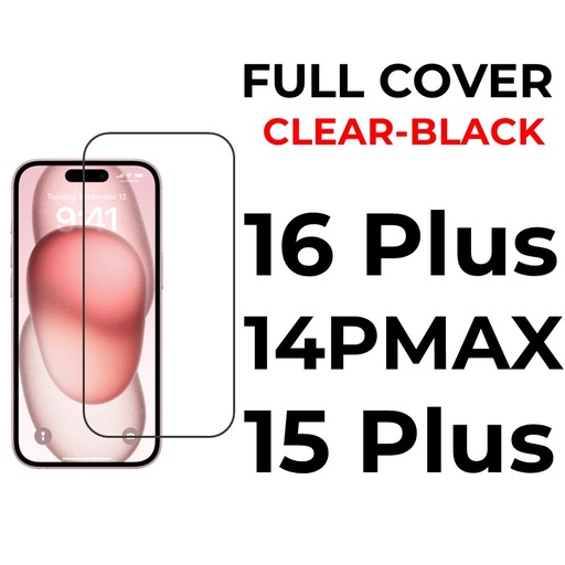 [XXX593668T02XBLK] iPhone 16 Plus Or 15 Plus Or 14 Pro Max - 6.7 in in Tempered Glass Full Coverage - OEM - Clear - Black