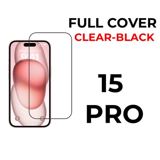 [XXX593664T02XBLK] iPhone 15 Pro 6.1 in Tempered Glass Full Coverage - OEM - Clear - Black
