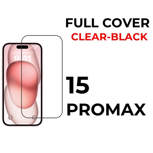 [XXX593665T02XBLK] iPhone 15 Pro Max 6.7 in Tempered Glass Full Coverage - OEM - Clear - Black