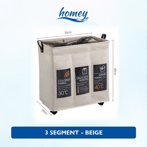 [XXX686XXXD03XBGE] Laundry Basket With Wheels and Label - OEM - 3 Segments - Beige