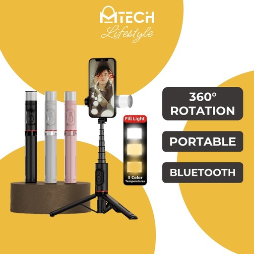 [XXX942XXXXXXXBLK] Integrated hidden rotatable fill light Selfie Stick Tripod - Q12S - OEM - Black