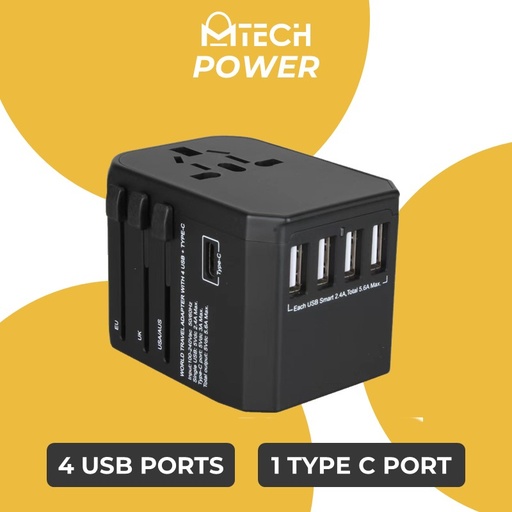 [XXX850XXXXXXXBLK] Universal Travel Adapter 4 USB + Type C - OEM - Black
