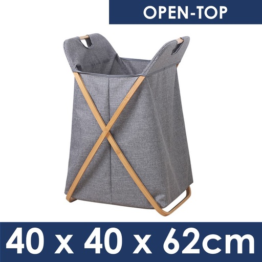 [XXX773XXXV57XGRY] Foldable Laundry Basket with Bamboo Stand (Open-Top) - OEM - 40cm x 40cm x 62cm - Grey