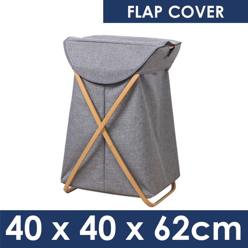[XXX774XXXV57XGRY] Foldable Laundry Basket with Bamboo Stand with Cover - OEM - 40cm x 40cm x 62cm - Grey
