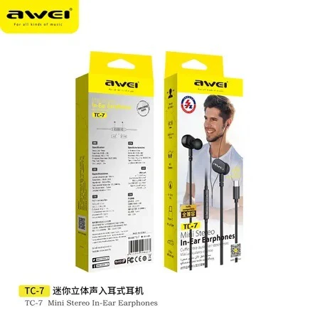 [AWE048XXXXXXXBLK] Type C Wire Earphone - TC-7 - Awei - Black