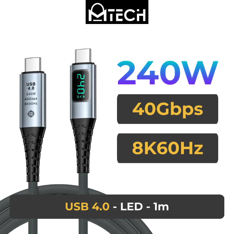 [MTC096378L10XGRY] Type C to Type C - SilkyFastLED USB4 40GBPS 240W 8K60Hz Cable - MTech - 1M - Grey