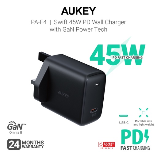 [AUK007XXXXXXXBLK] [EOL][DSC] AUKEY PA-F4 Swift 45W PD Wall Charger with GaN Power Tech – Black - iCentral