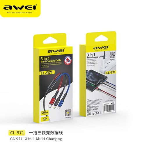 [AWE053196L11XBLK] USB to iOS + Type C + Micro 3 in 1 Multi Charging Cable - CL-971 - AWEI- 1.2M - Black