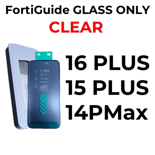 [MTC117668T02XBLK] iPhone 16 Plus or 15 Plus or 14 Pro Max - 6.7 in - GLASS ONLY FortiGuide Tempered Glass Screen Protector - MTech - Clear - Black