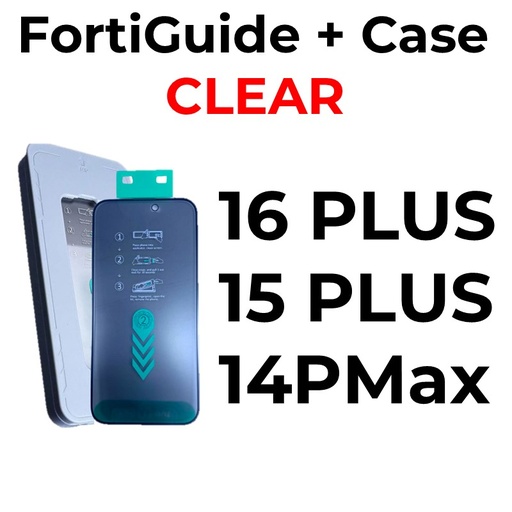 [MTC118668T02XGRY] iPhone 16 Plus or 15 Plus or 14 Pro Max - 6.7 in - Case + FortiGuide Tempered Glass Screen Protector - MTech - Clear - Grey