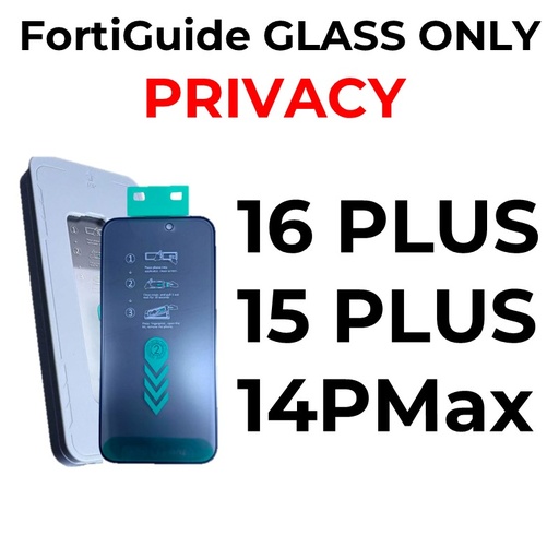[MTC117668T04XBLK] iPhone 16 Plus or 15 Plus or 14 Pro Max - 6.7 in - GLASS ONLY FortiGuide Tempered Glass Screen Protector - MTech - Privacy - Black 